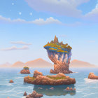 Fantasy castles on rock pillars under blue sky with planets visible