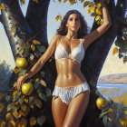 Woman in white bikini under tree with yellow leaves and green apples by serene blue water.