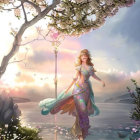 Fantasy elf in white dress surrounded by blossoming trees