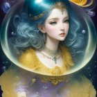 Fantasy figure portrait in bubble with flowing hair and yellow flowers