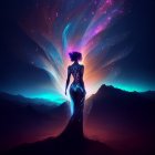 Colorful Mystical Figure with Aurora-like Wings on Mountain Top at Night