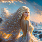 Blonde woman in golden dress by the sea at sunset