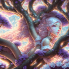 Fantasy illustration of pale-skinned woman in blossoming tree with pink flowers.