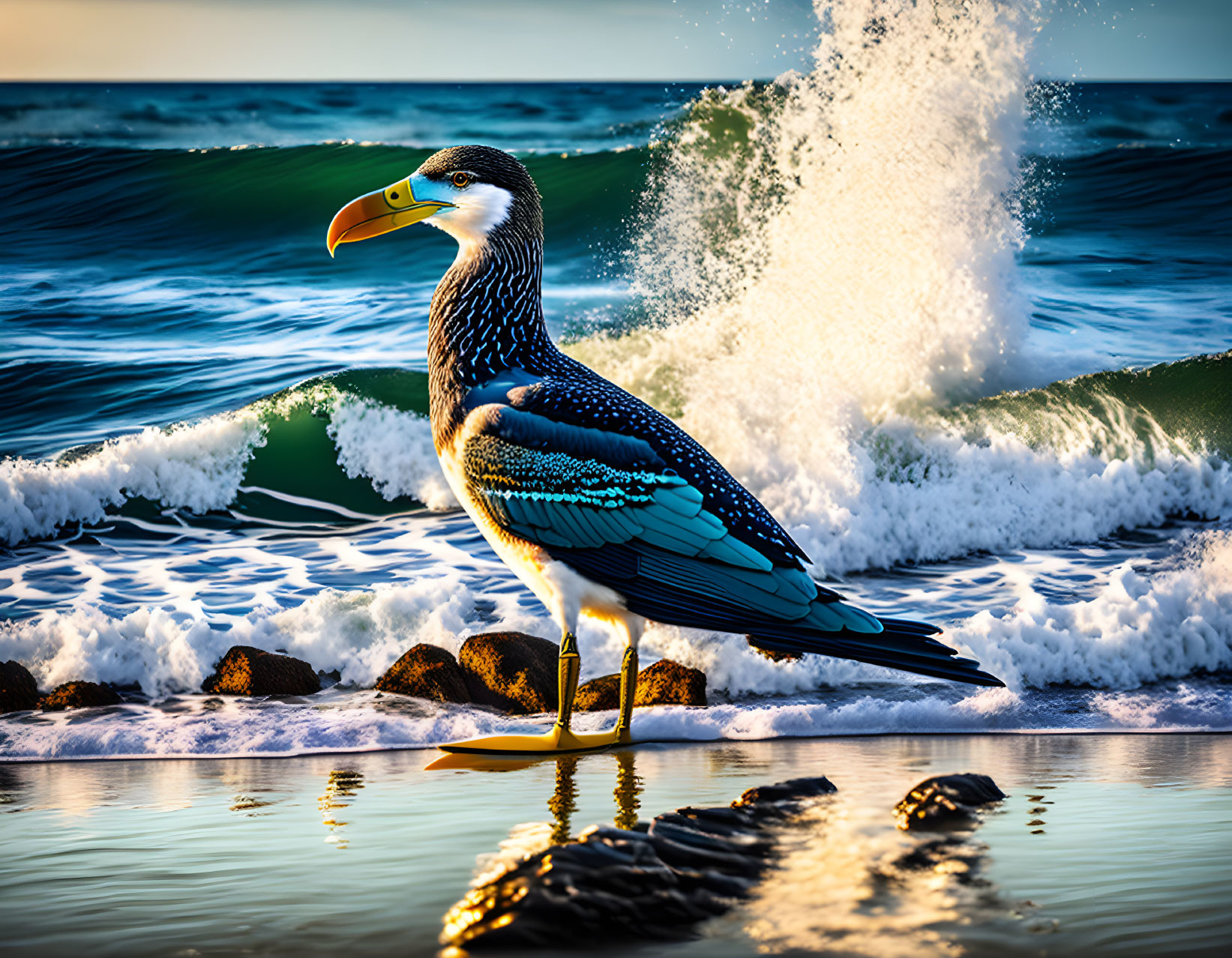 Colorful bird with yellow beak perched on seaside rock with crashing waves