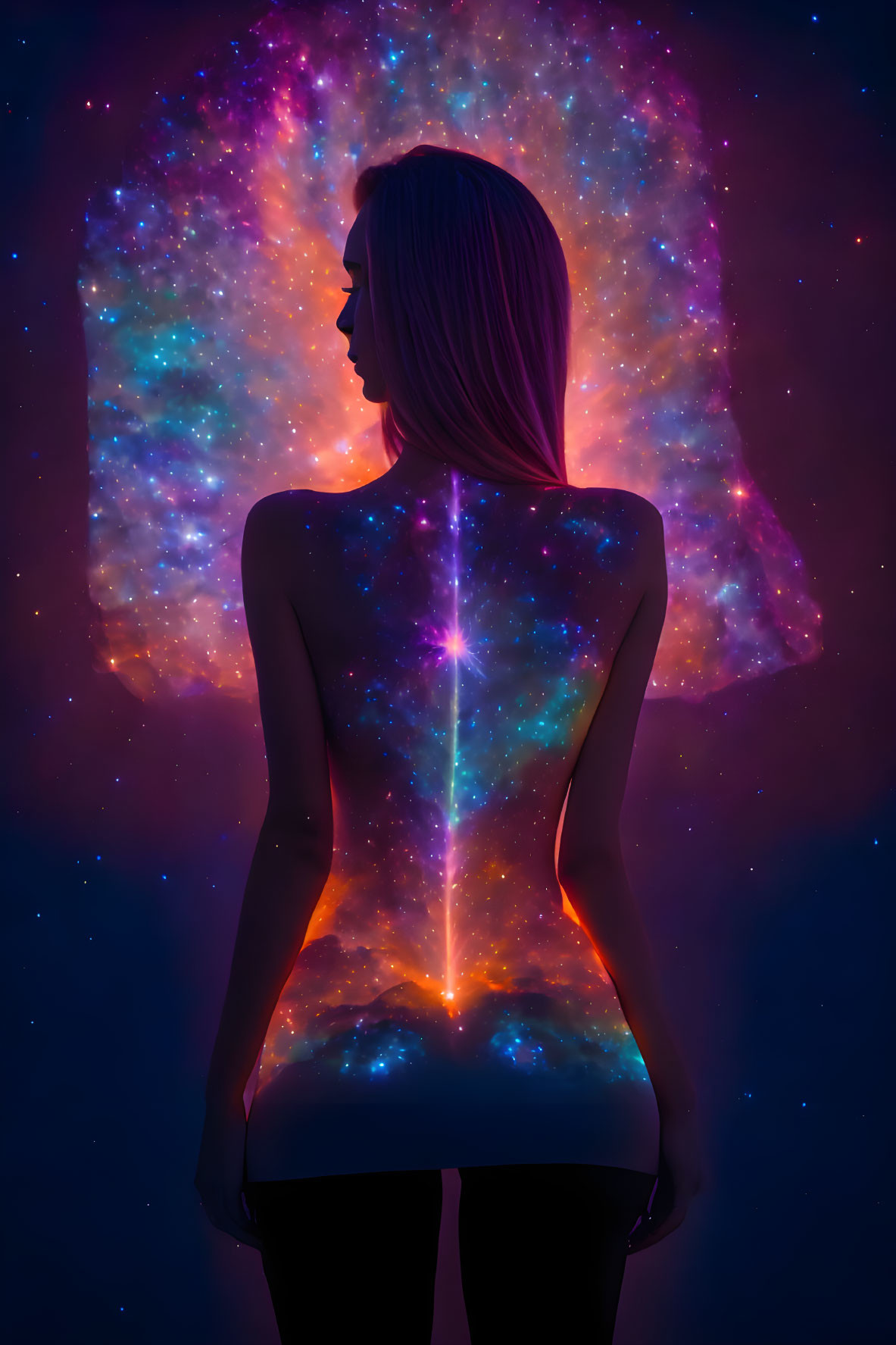 Silhouetted woman against vibrant cosmic background with nebula pattern.