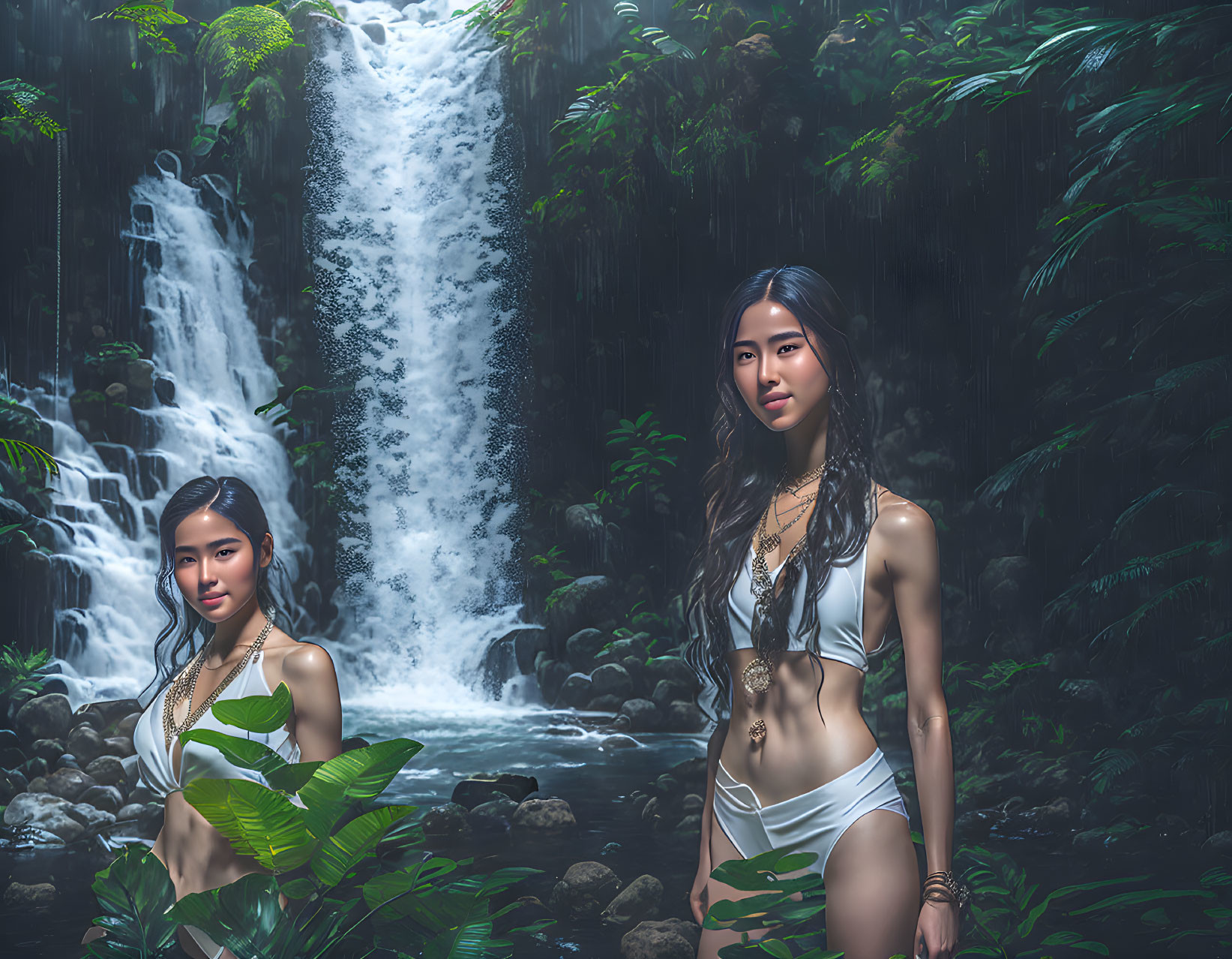 Two Women in White Swimwear at Lush Waterfall