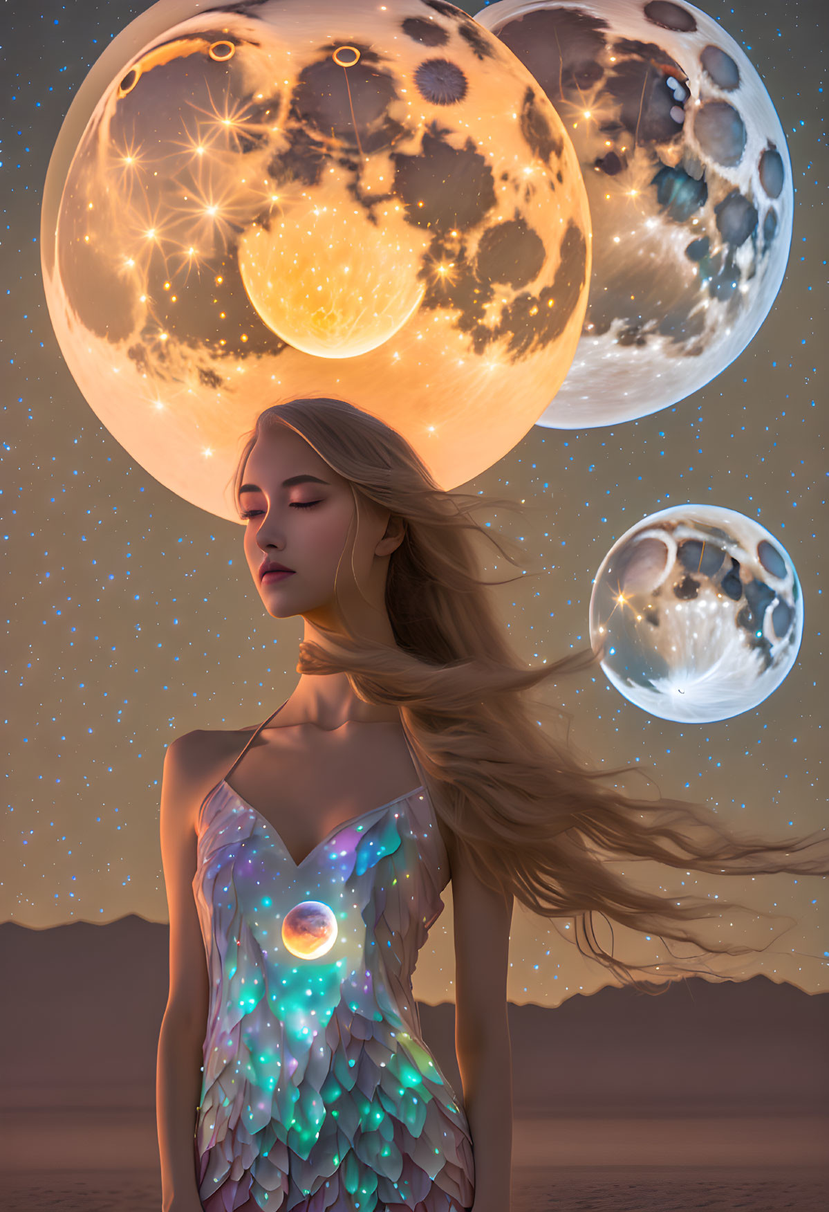 Woman in sequined dress under fantasy sky with moons and stars.