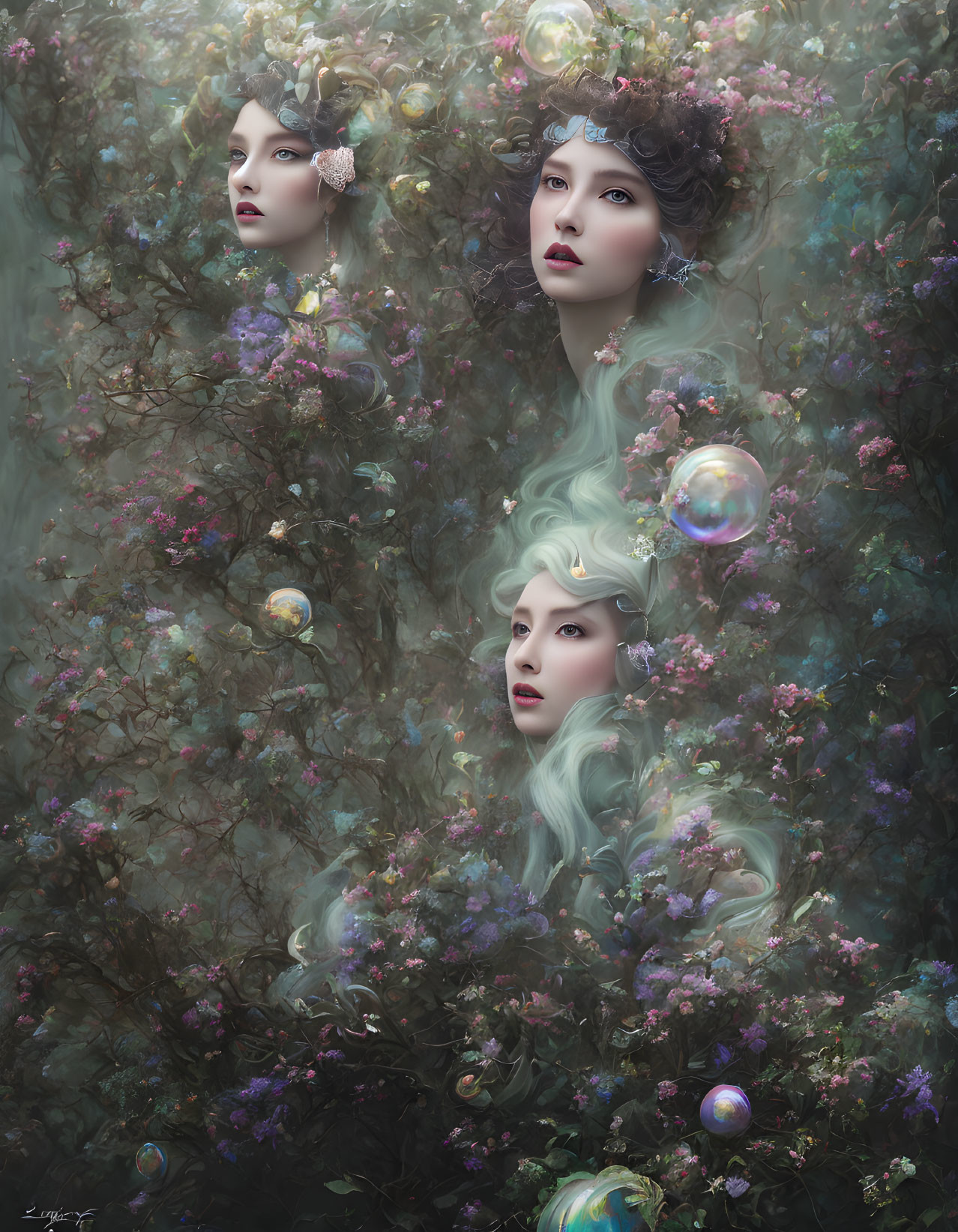 Ethereal female faces in mystical floral background with soft hues