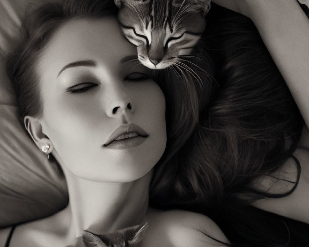 Monochrome image of woman with cats resting on her chest