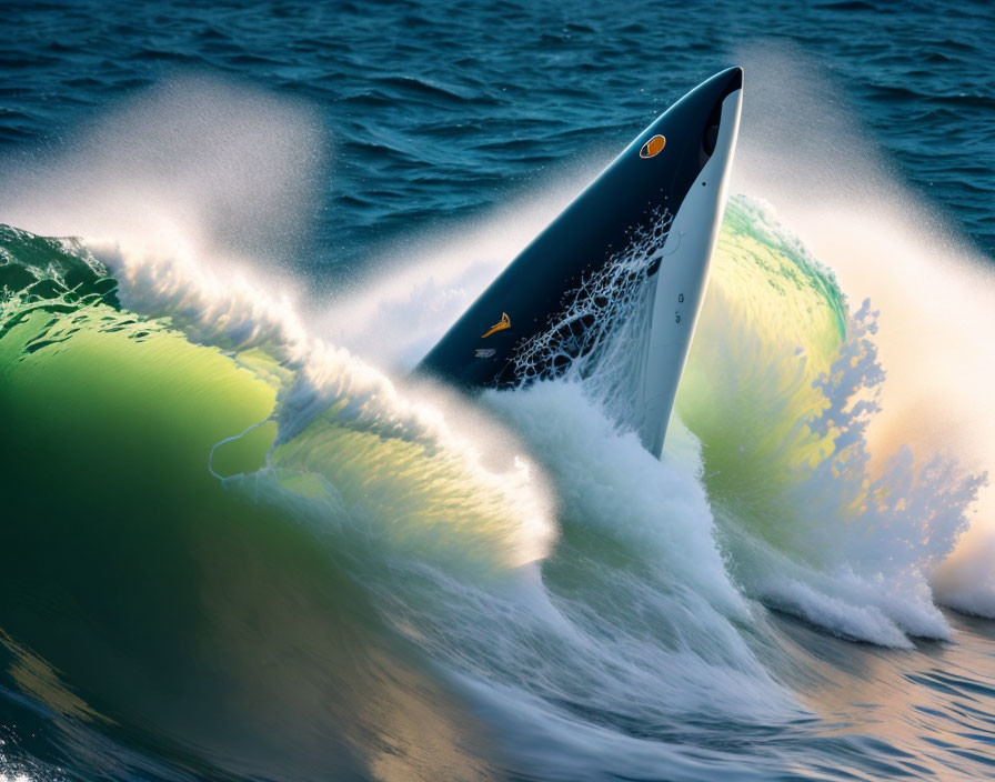 Surfboard diving into wave with water spray, shark fin-like shape in vibrant sea