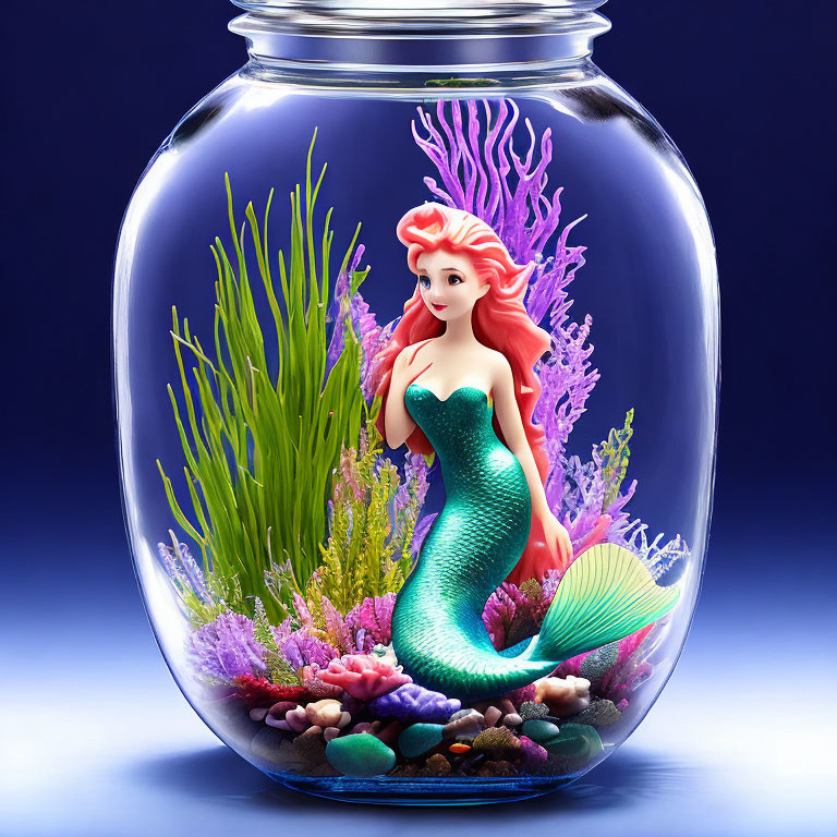 Red-haired mermaid in green tail in glass jar amidst colorful coral and seaweed on blue background.