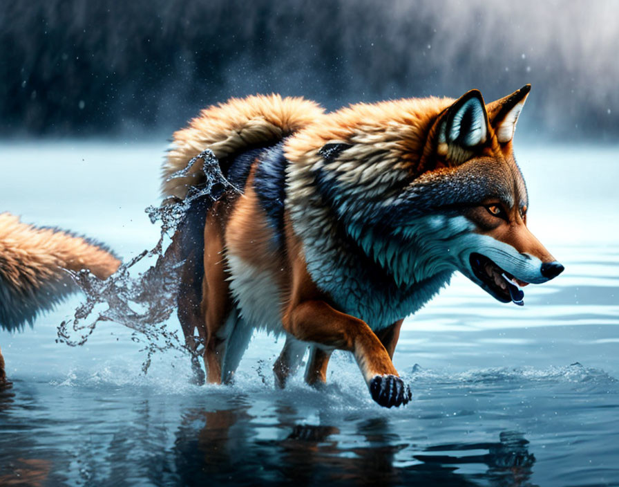 Detailed Image: Wolf Splashing Through Water with Intense Focus