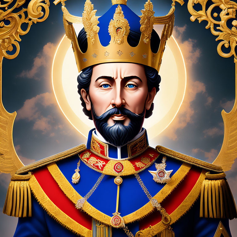 Regal Figure in Gold Crown and Ornate Uniform Illustration