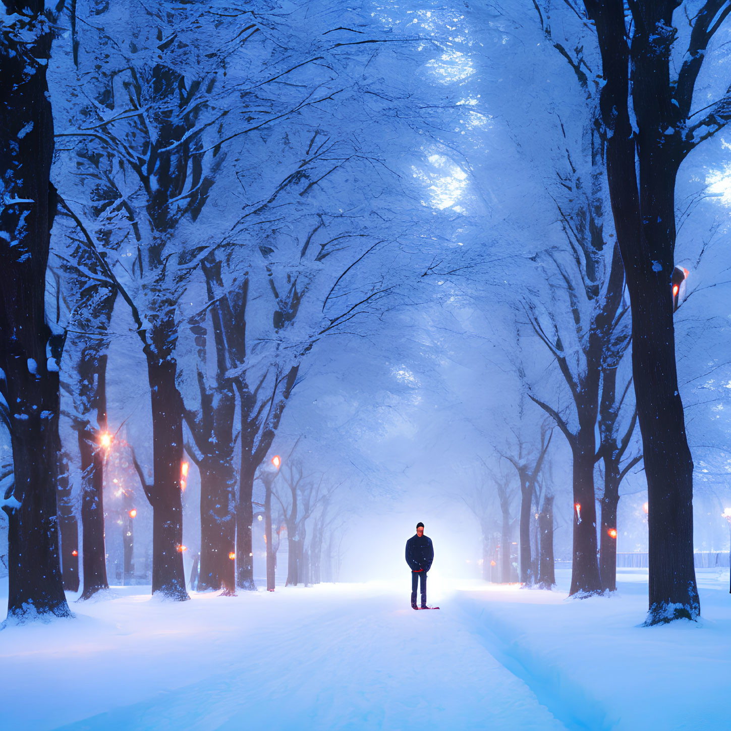 Snowy Path with Illuminated Trees in Twilight Sky