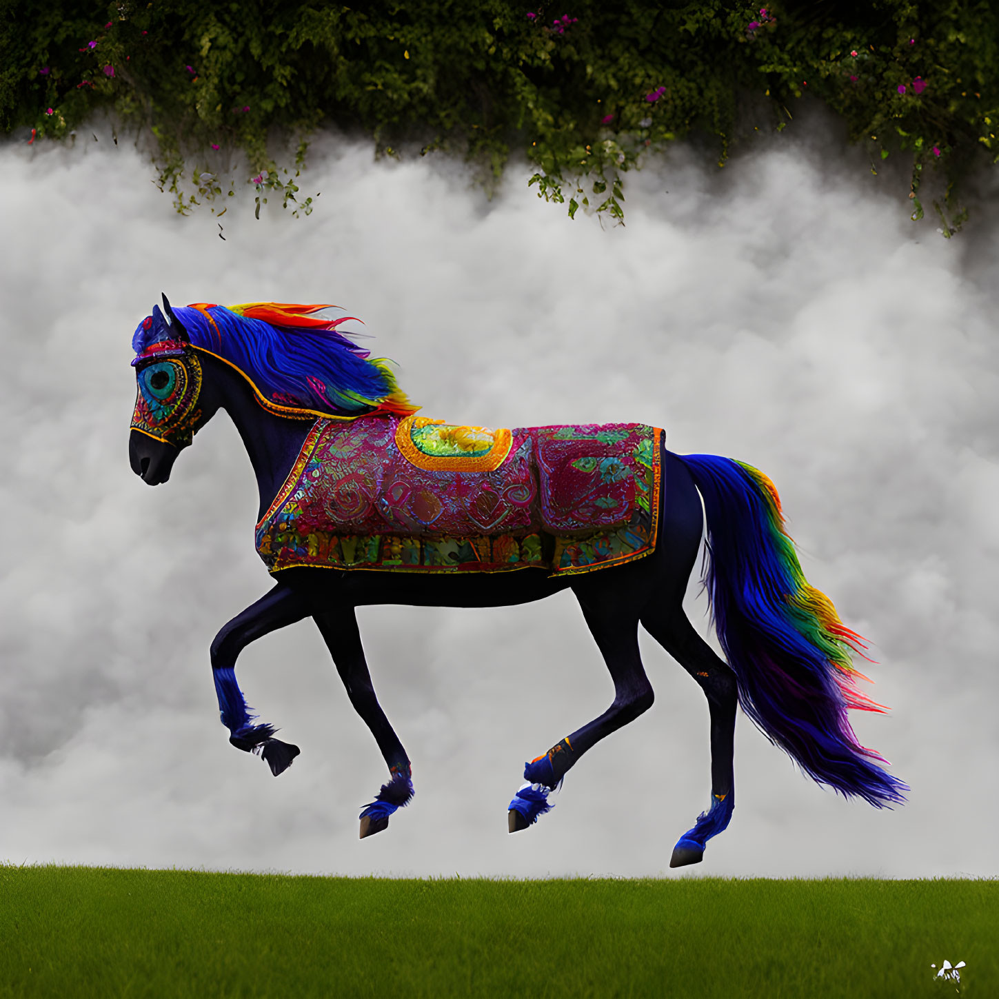 Colorful Horse with Vibrant Mane and Tail Prancing in Lush Field