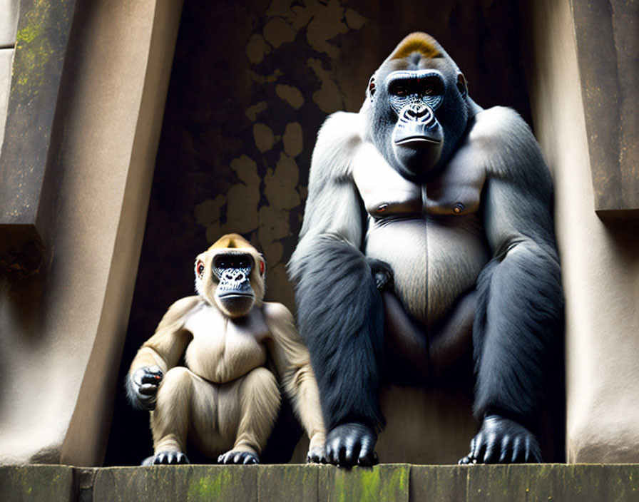 Realistic dominant and submissive gorilla figures on textured backdrop