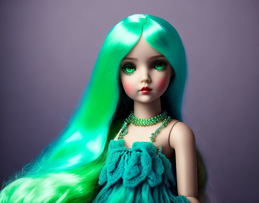 Vibrant green and turquoise hair doll in teal dress on purple backdrop