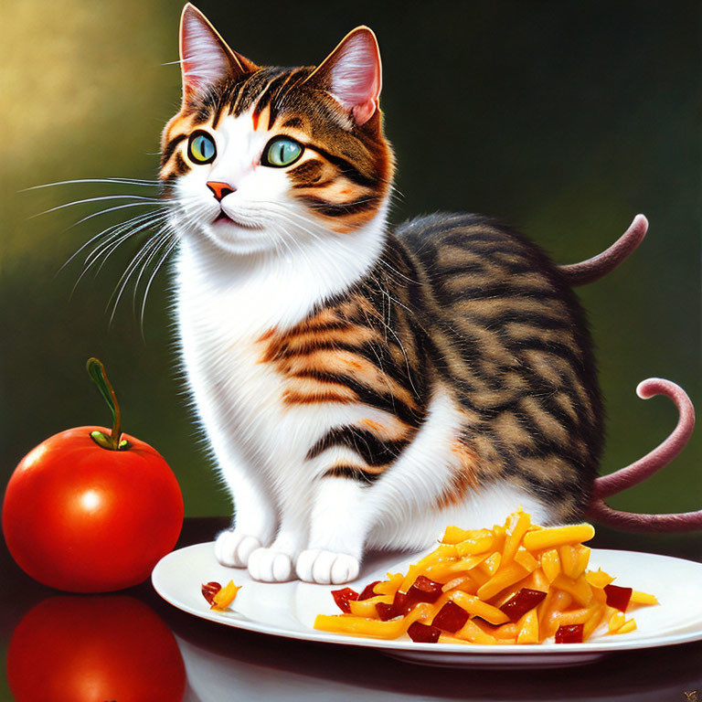 Whimsical cat painting with spaghetti and meatball patterns and tomato