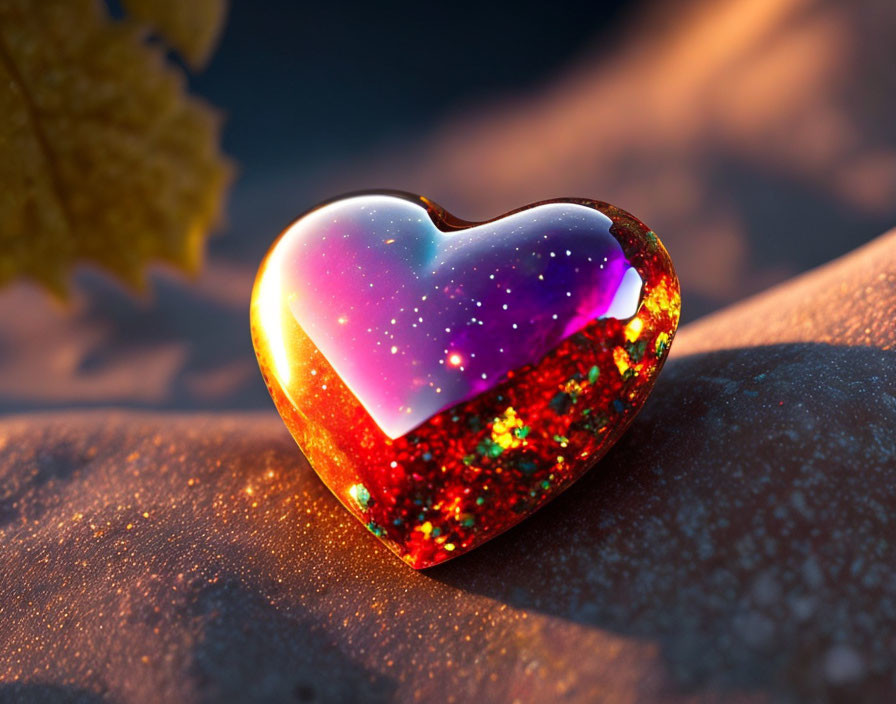 Shiny heart-shaped object on sandy surface with golden glow