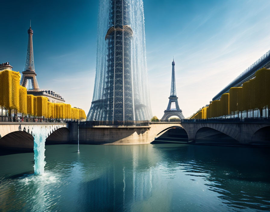 Surreal digital art: Eiffel Tower, bridge, and water fountains blend in serene