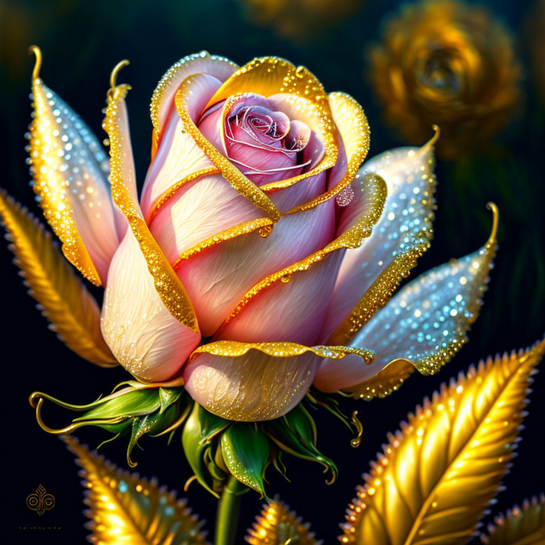 Vibrant digital illustration: Pink and cream rose with golden dewdrops on dark background