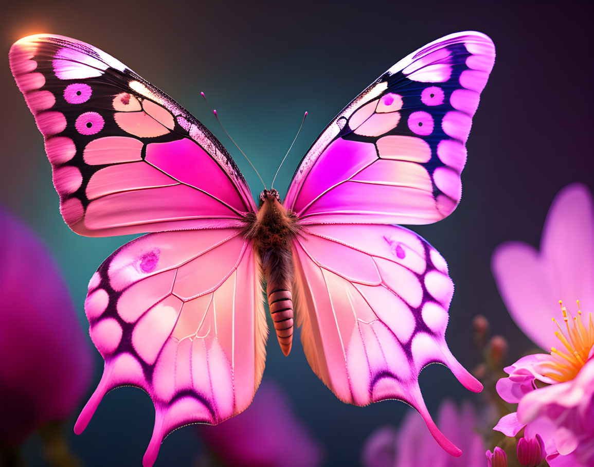 Pink butterfly with patterned wings on flower in soft-focus background