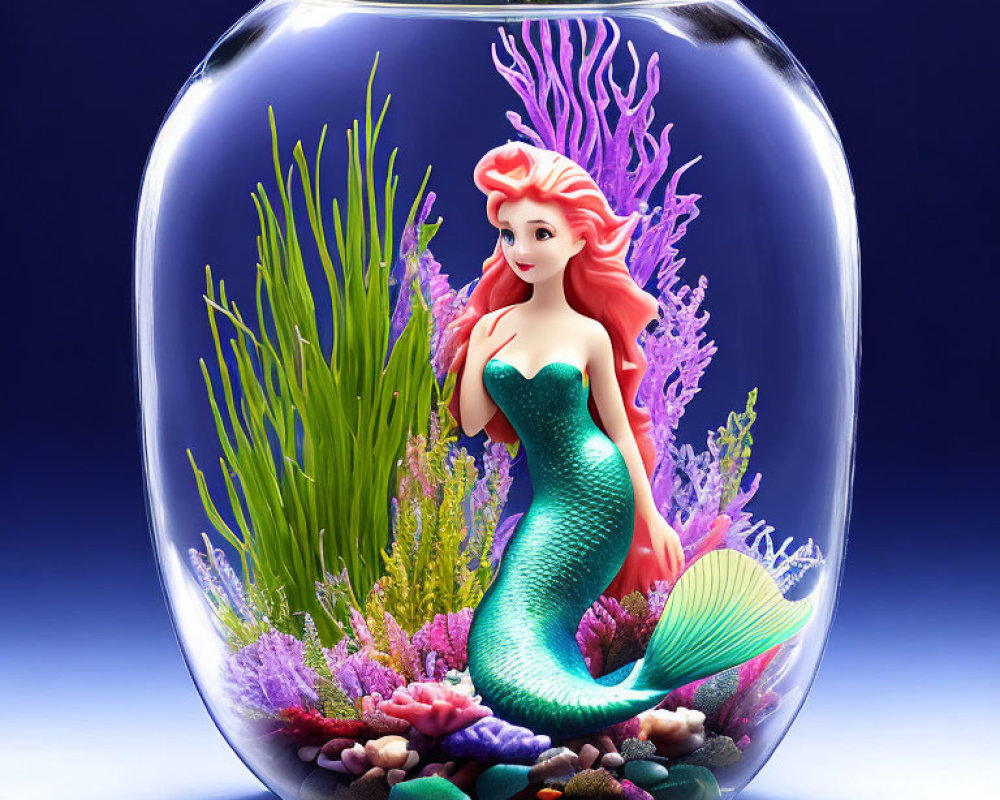 Red-haired mermaid in green tail in glass jar amidst colorful coral and seaweed on blue background.