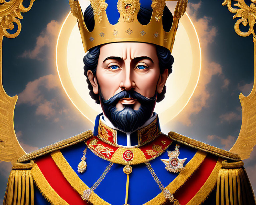 Regal Figure in Gold Crown and Ornate Uniform Illustration