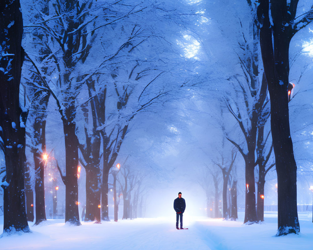 Snowy Path with Illuminated Trees in Twilight Sky