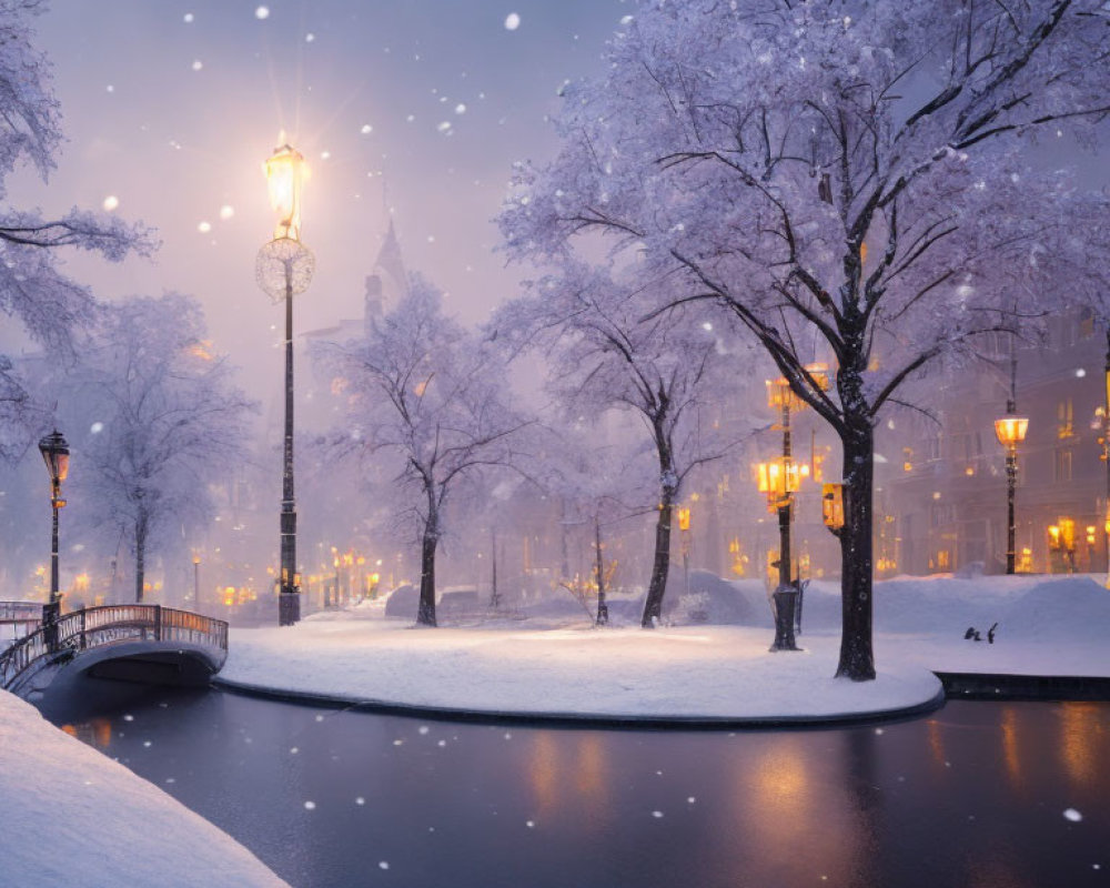 Snow-covered trees, glowing lamp, bridge, river, and snowfall in serene winter setting