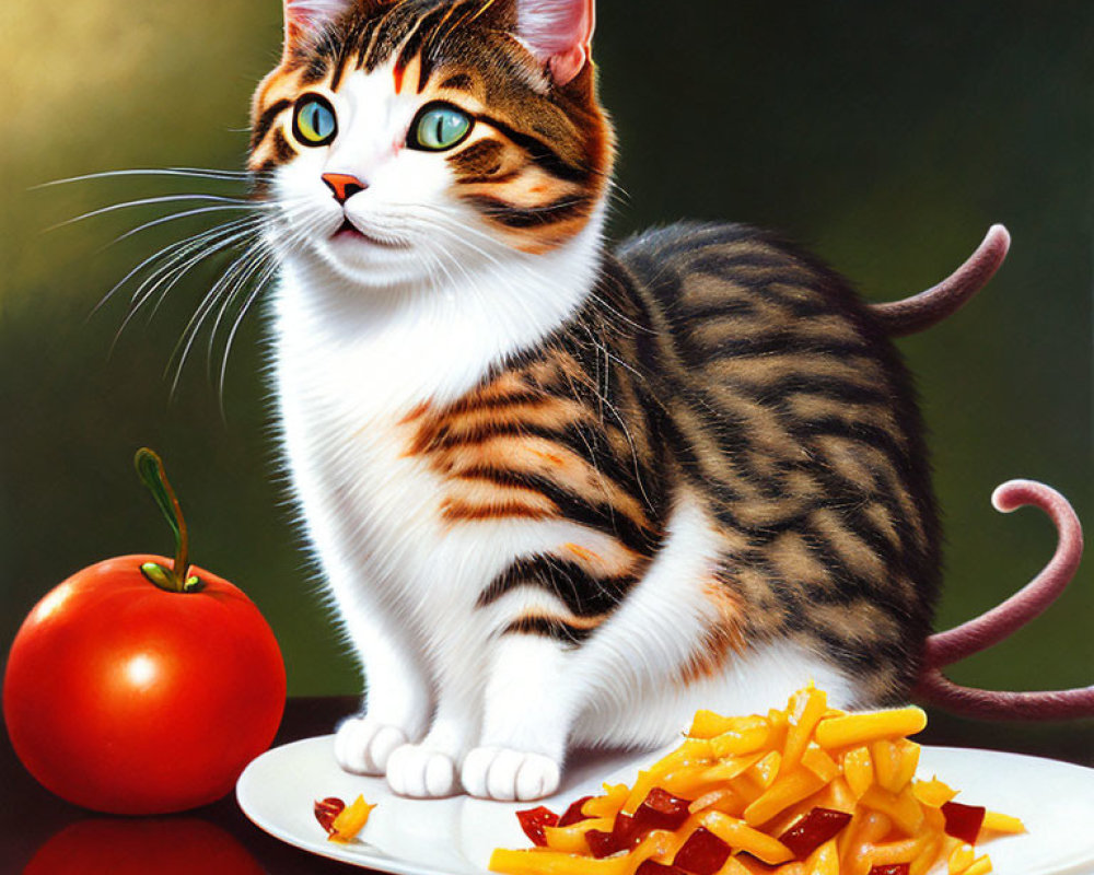 Whimsical cat painting with spaghetti and meatball patterns and tomato