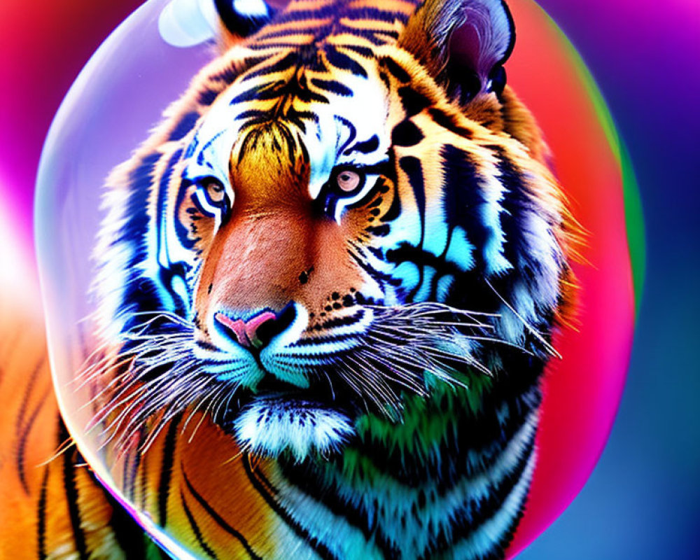 Colorful Tiger Encased in Bubble on Multicolored Background