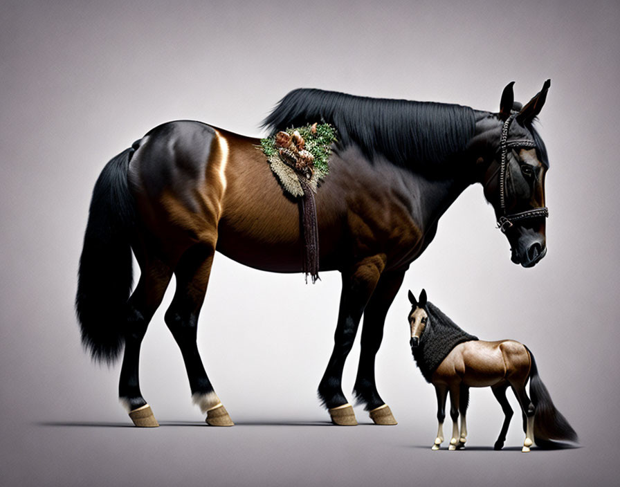 Digitally manipulated image of segmented horse breeds with miniature version.