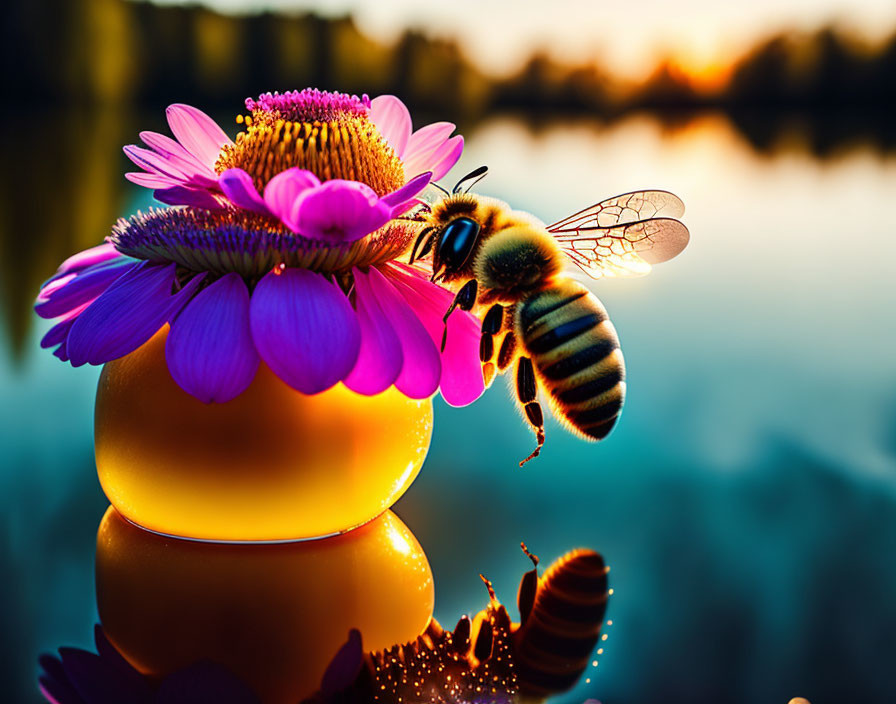 Bee near pink flower on stones with sunset reflection.