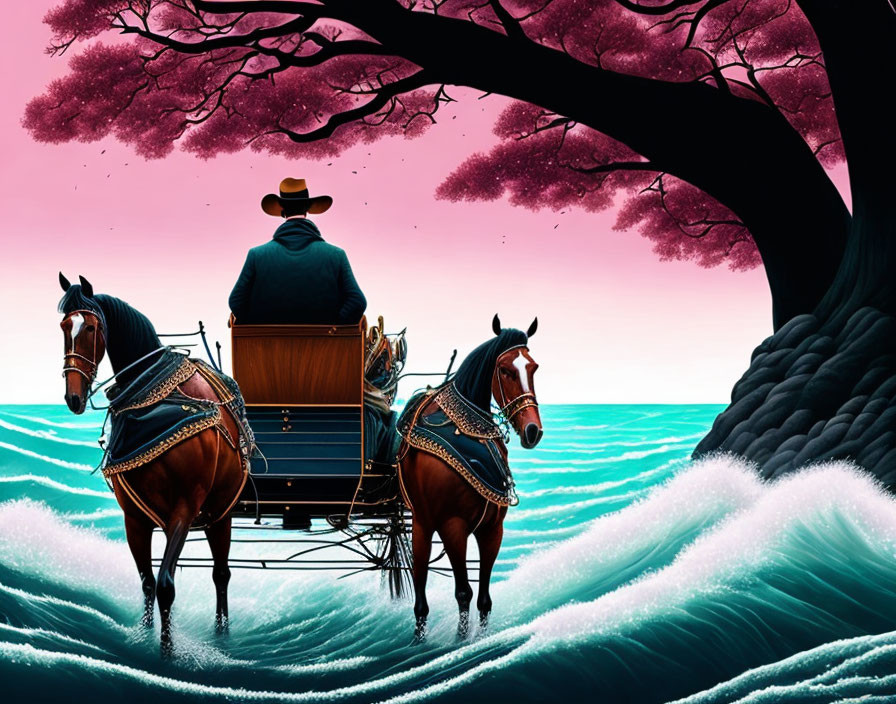 Person in Hat Riding Carriage Pulled by Horses on Surreal Ocean Wave