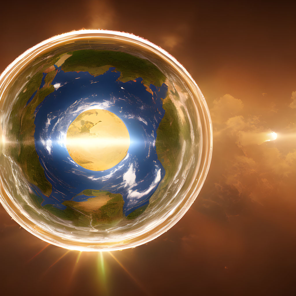 Inverted spherical Earth with glowing ring and cosmic background