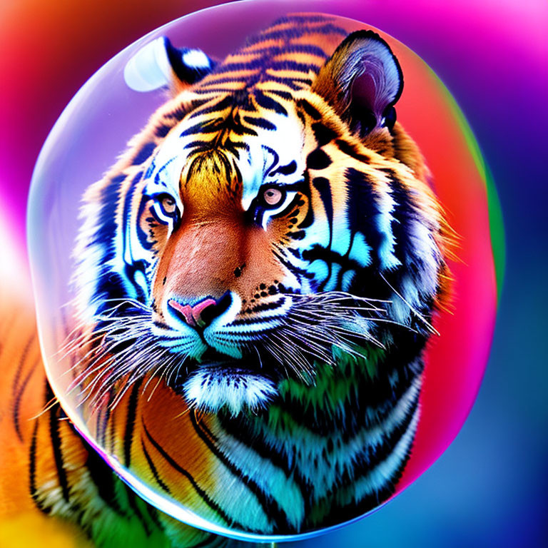 Colorful Tiger Encased in Bubble on Multicolored Background