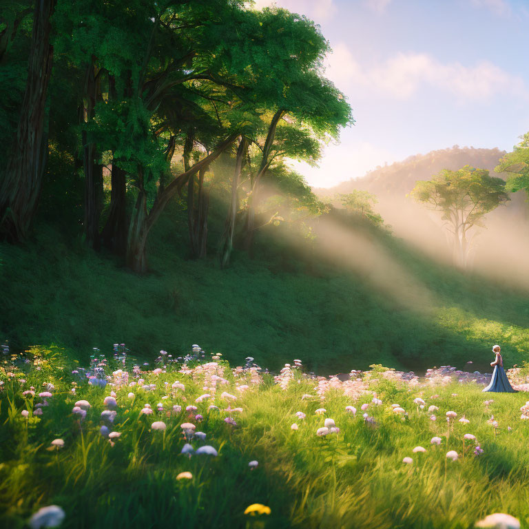 Tranquil forest clearing with sunbeams, wildflowers, and solitary figure