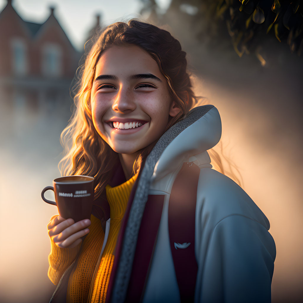 Smiling young woman with mug in warm sunlight