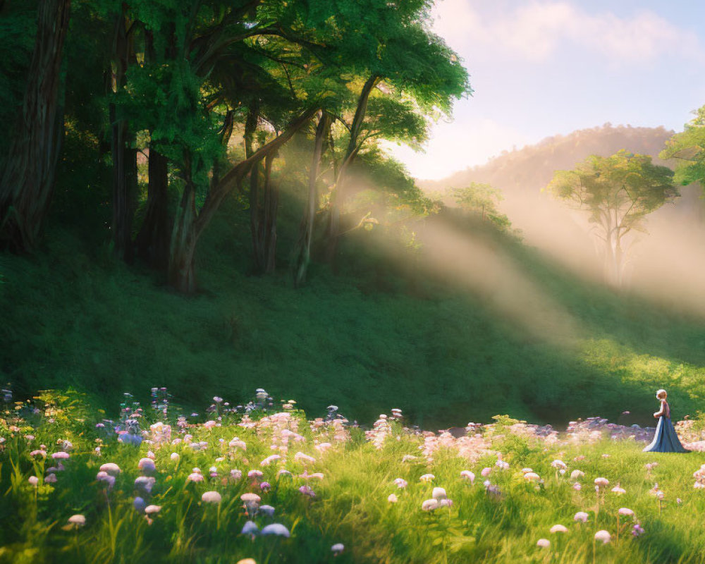 Tranquil forest clearing with sunbeams, wildflowers, and solitary figure