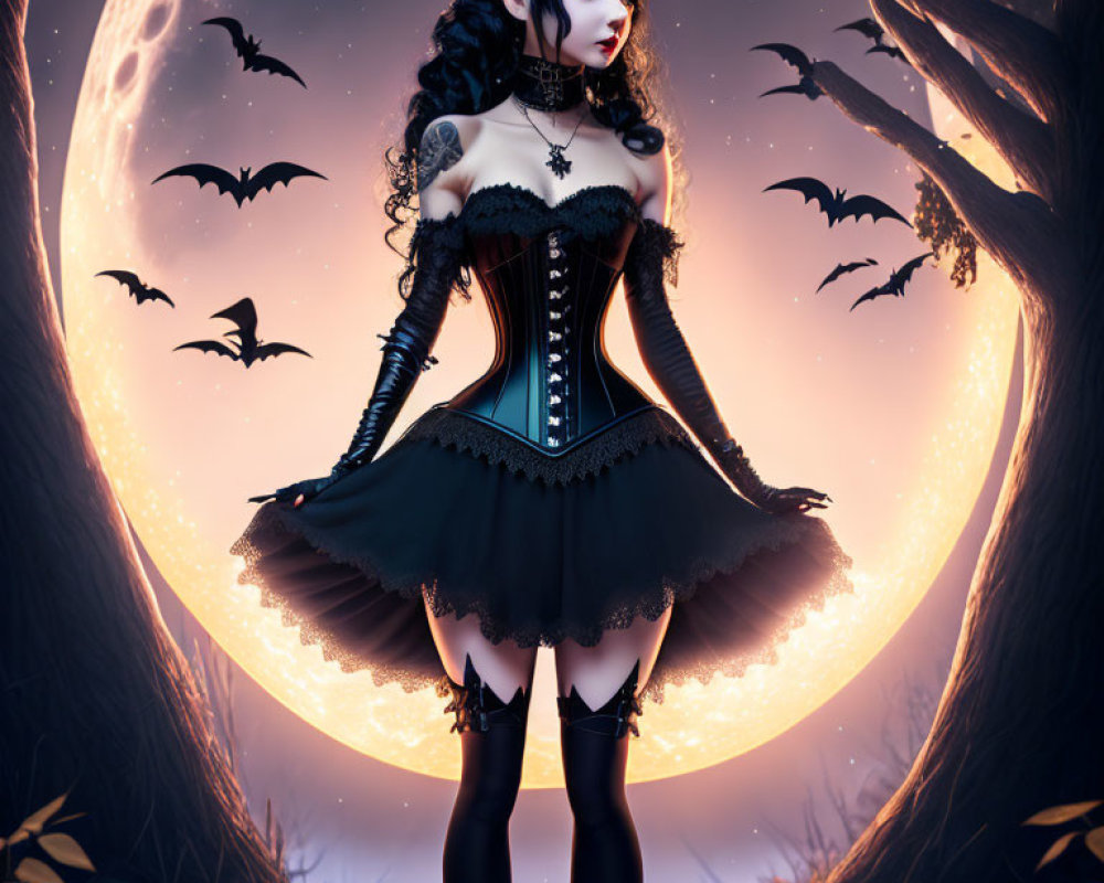 Gothic-style animated female character in black corset and tutu under full moon