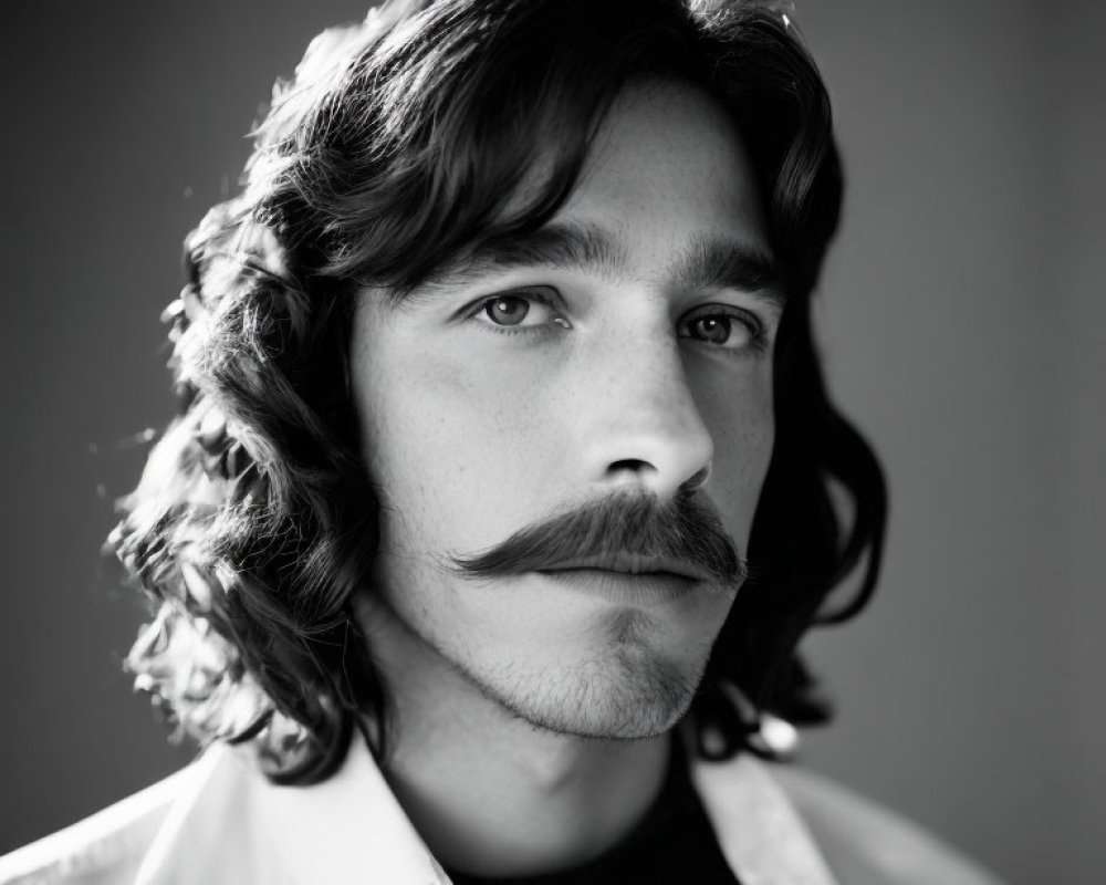 Monochrome portrait of man with curly hair and mustache in white shirt and dark sweater.