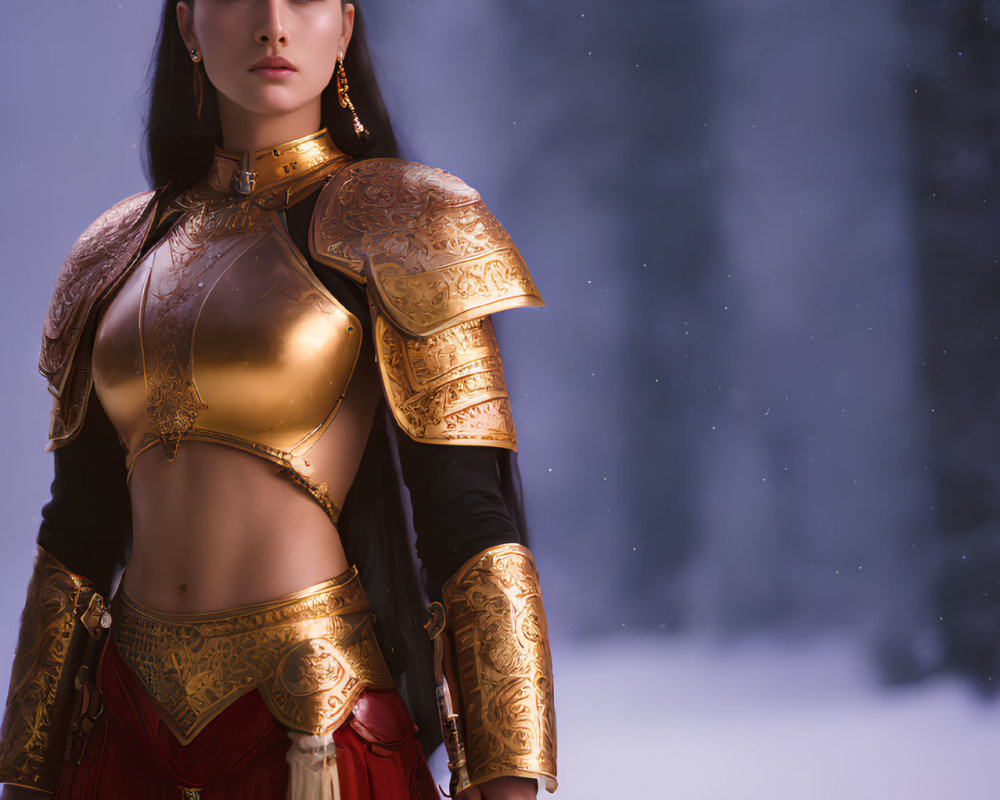 Woman in Golden Armor and Red Garments Stands Strong in Snowy Scene