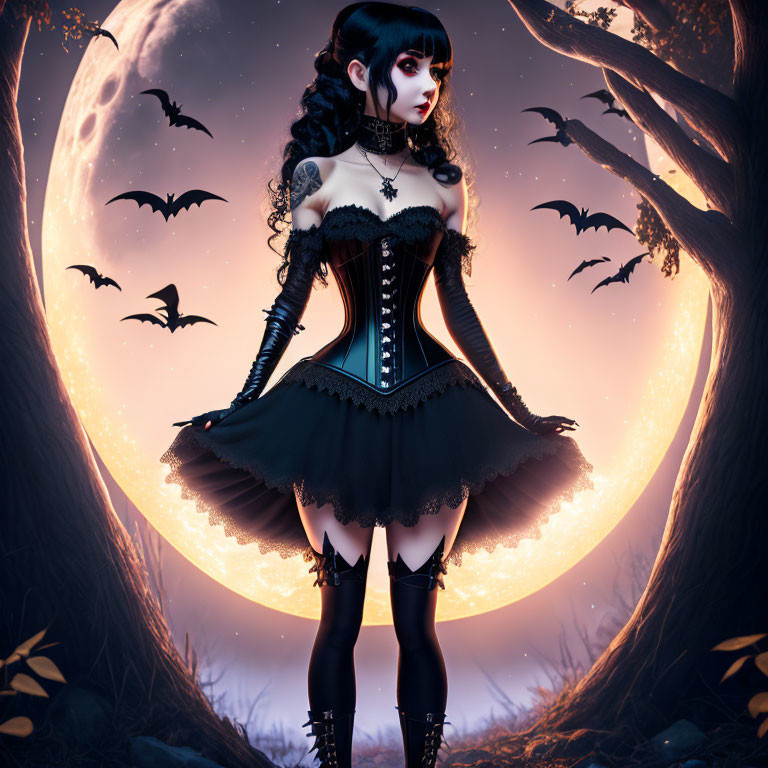 Gothic-style animated female character in black corset and tutu under full moon