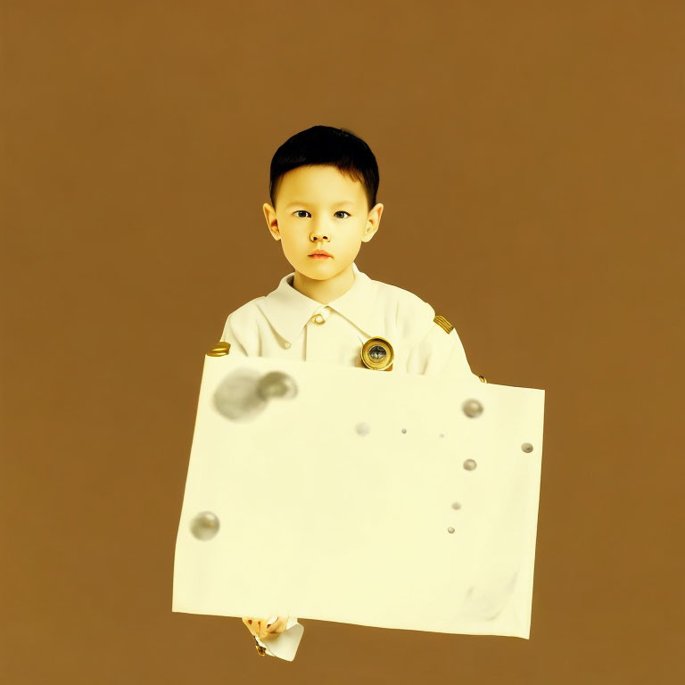 Child in Beige Outfit Holding White Sign on Beige Background