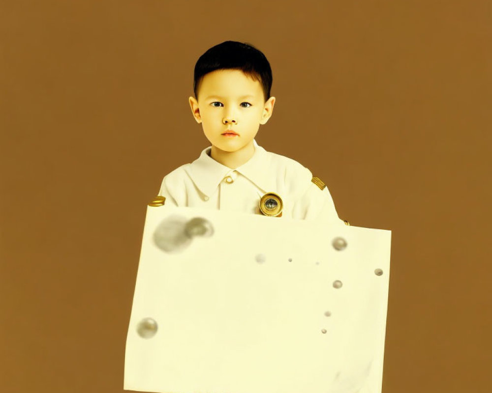 Child in Beige Outfit Holding White Sign on Beige Background