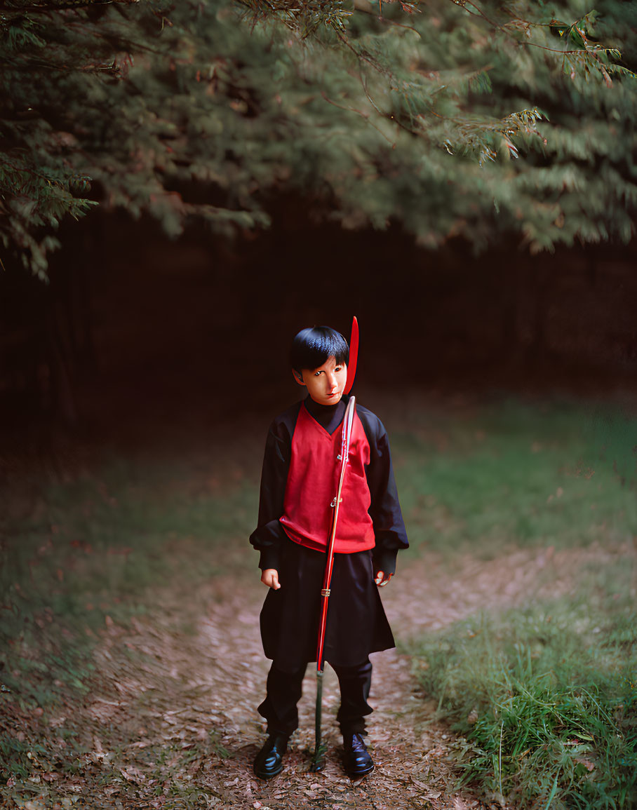 Child in red and black outfit with wooden staff in forest