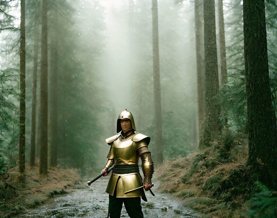 Golden medieval armor figure in misty forest with sword among tall pine trees