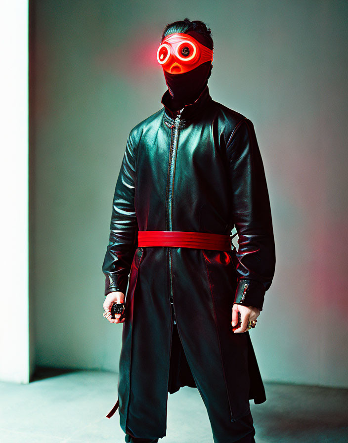 Person in Black Leather Outfit with Red Belt and Mask with Red Circular Lenses