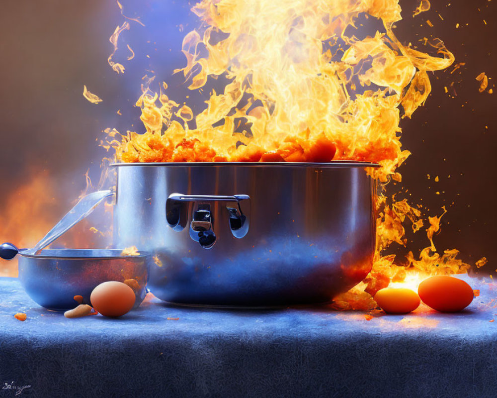 Kitchen Counter Pot Fire: Eggs Scattered, Lid Off